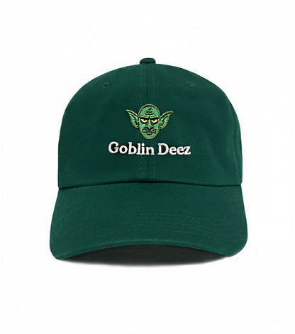 Goblin Deez Dad Hat – Forest green embroidered 6-panel dad hat with goblin design. Funny meme dad hat & best gift for dads.
