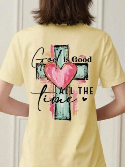 God Is Always Good Cross & Letter Print T-Shirt, Christian Religious Faith Casual Short Sleeve Crew Neck Tee, Unisex Summer