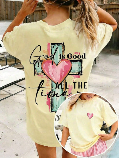 God Is Always Good Cross & Letter Print T-Shirt, Christian Religious Faith Casual Short Sleeve Crew Neck Tee, Unisex Summer
