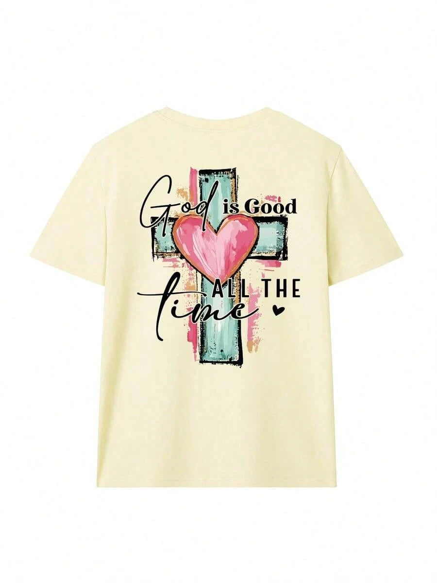 God Is Always Good Cross & Letter Print T-Shirt, Christian Religious Faith Casual Short Sleeve Crew Neck Tee, Unisex Summer