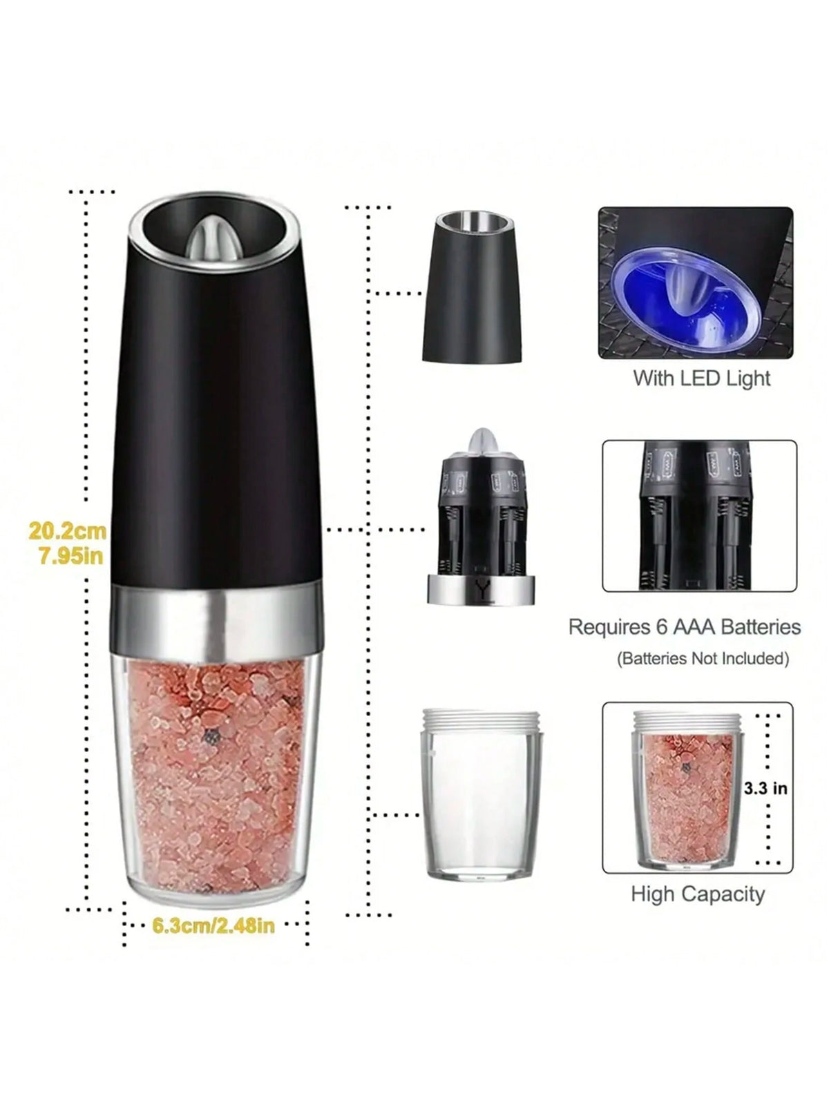 Gravity Electric Salt And Pepper Grinder- Salt & Pepper Mill Sets With LED Light, One Hand Automatic Operation, Adjustable Coarseness, Spice Shakers, Kitchen Gadgets, Gift For Christmas And Halloween