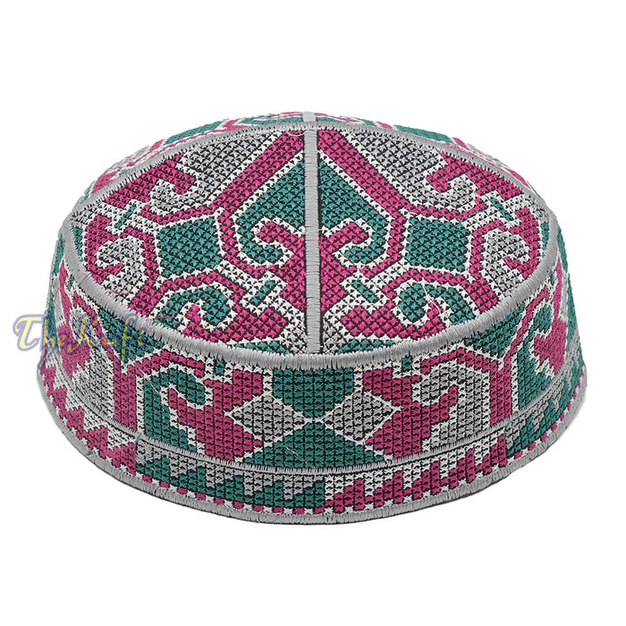 Gray, Maroon, Green Haji Alay Motif Embroidery Design Pakistani Topi Kufi Hat
