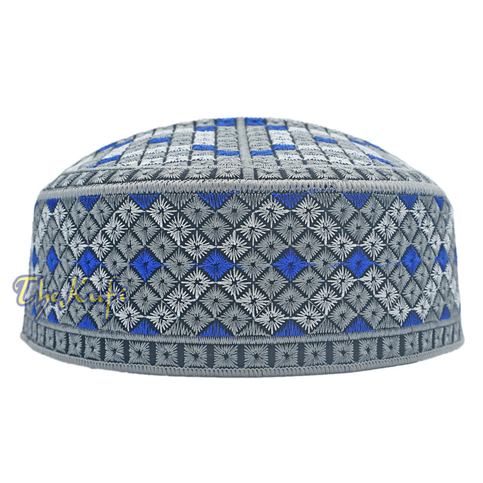 Gray, Silver, Royal Blue Intricately Embroidered Rigid Round Pakistani-Style Kufi Hat