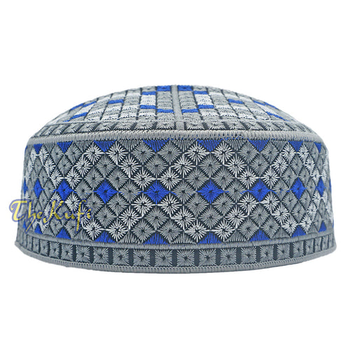Gray, Silver, Royal Blue Intricately Embroidered Rigid Round Pakistani-Style Kufi Hat