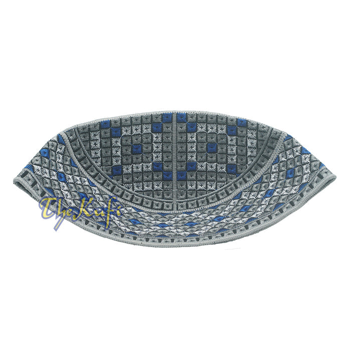 Gray, Silver, Royal Blue Intricately Embroidered Rigid Round Pakistani-Style Kufi Hat