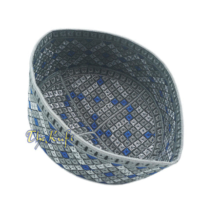 Gray, Silver, Royal Blue Intricately Embroidered Rigid Round Pakistani-Style Kufi Hat