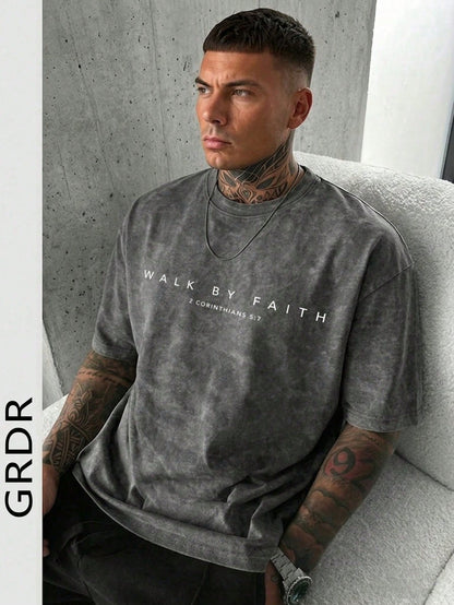 GRDR Men's Letter Print Washed Round Neck Short Sleeve T-Shirt, Comfortable & Breathable For Summer Wear