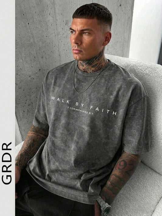 GRDR Men's Letter Print Washed Round Neck Short Sleeve T-Shirt, Comfortable & Breathable For Summer Wear