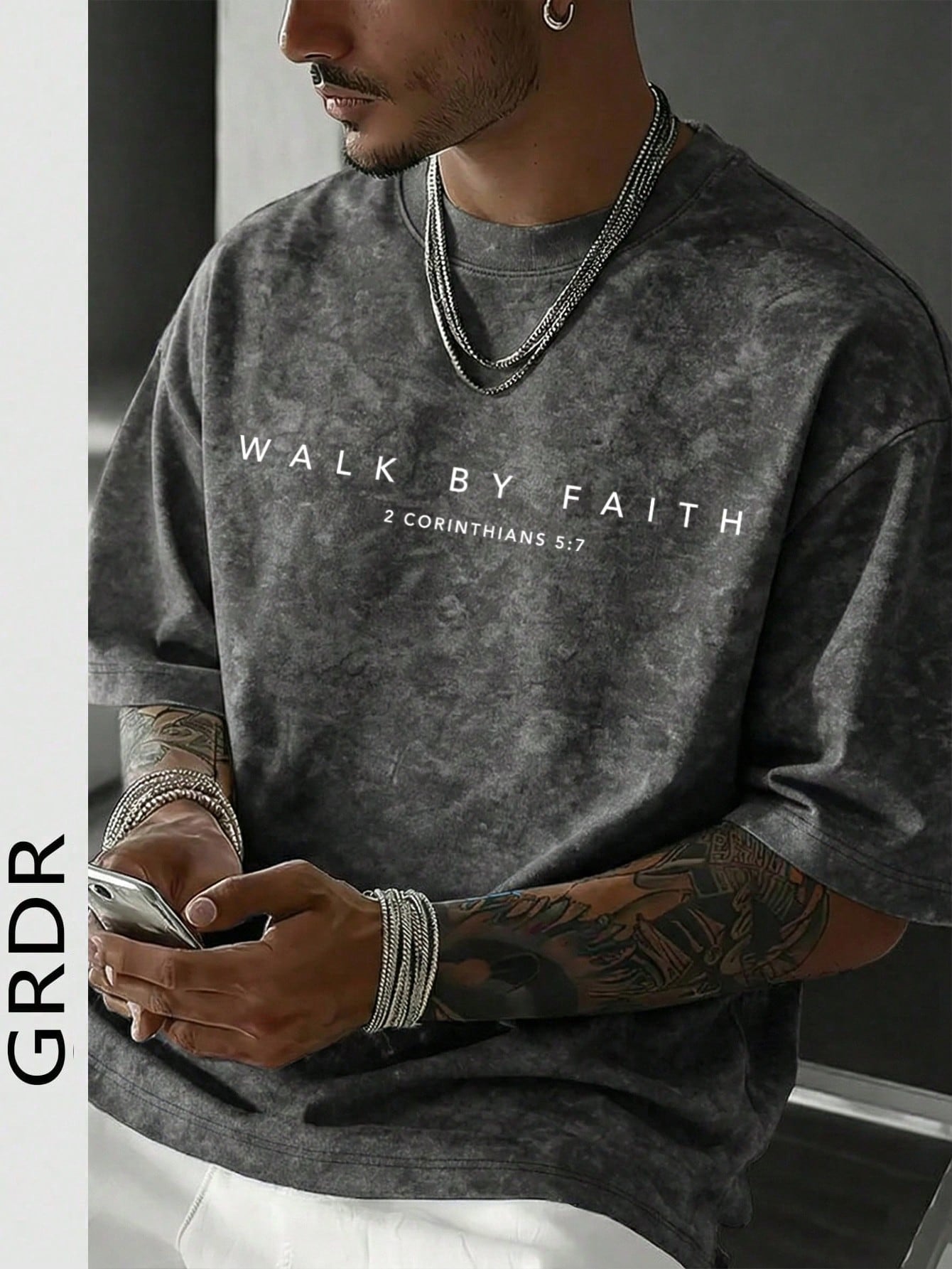 GRDR Men's Letter Print Washed Round Neck Short Sleeve T-Shirt, Comfortable & Breathable For Summer Wear