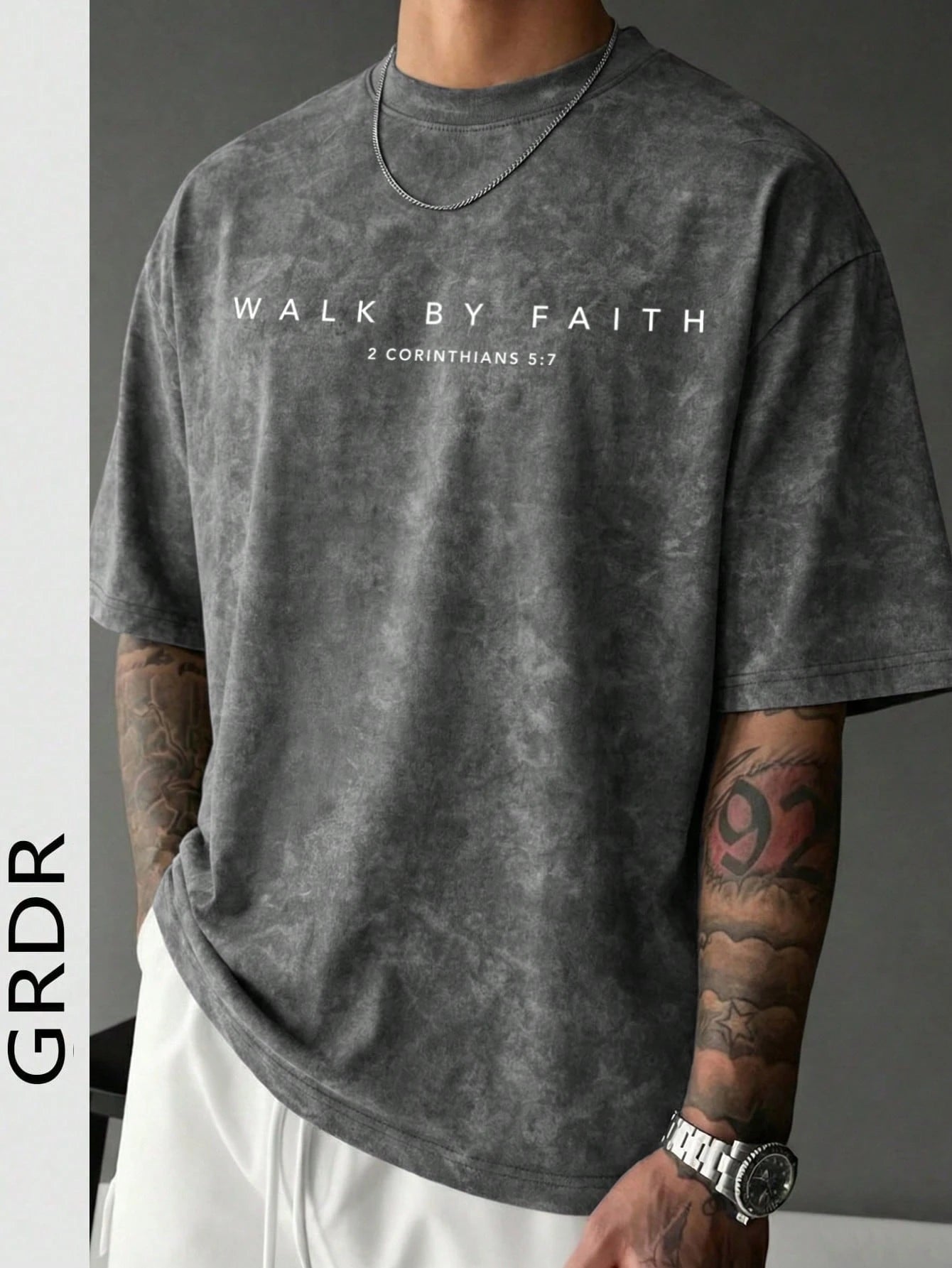 GRDR Men's Letter Print Washed Round Neck Short Sleeve T-Shirt, Comfortable & Breathable For Summer Wear