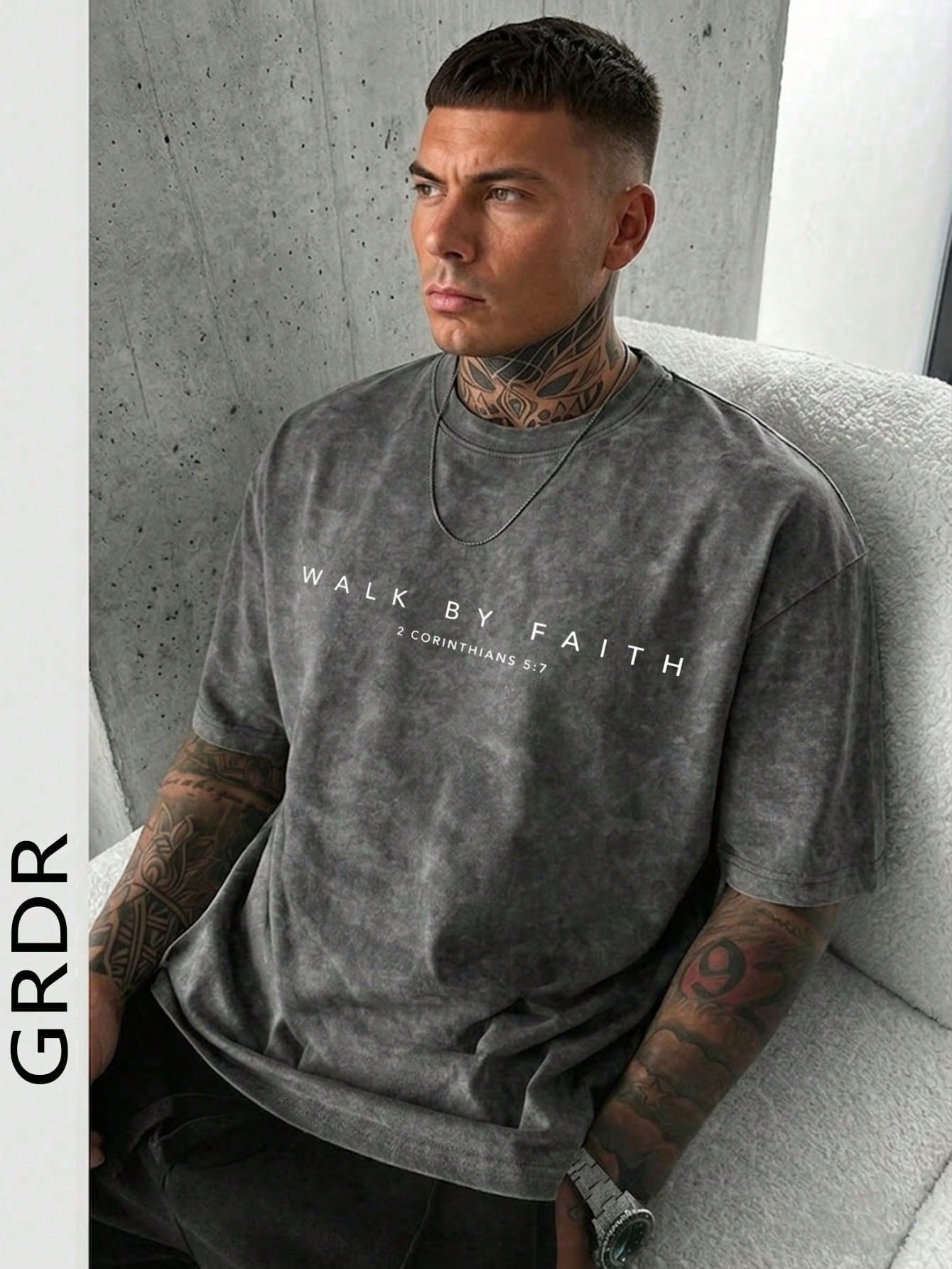 GRDR Men's Letter Print Washed Round Neck Short Sleeve T-Shirt, Comfortable & Breathable For Summer Wear