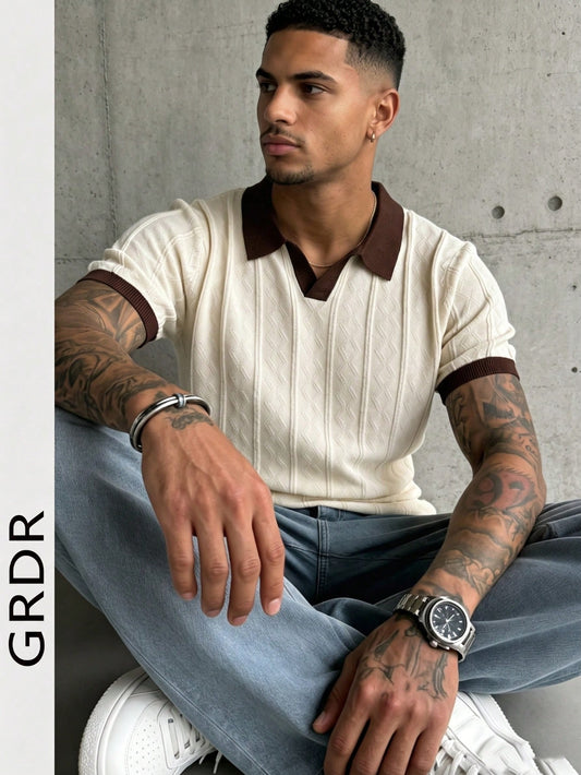 GRDR Men's Lightweight Seagull Collar Solid Color Short Sleeve Knit Sweater, Suitable For Summer Outings, Essential For Fashionable Styling