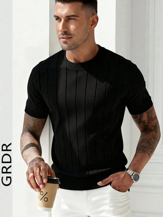 GRDR Men's Summer Ribbed Crew Neck Thin Knit Loose Fit Short Sleeve Sweater