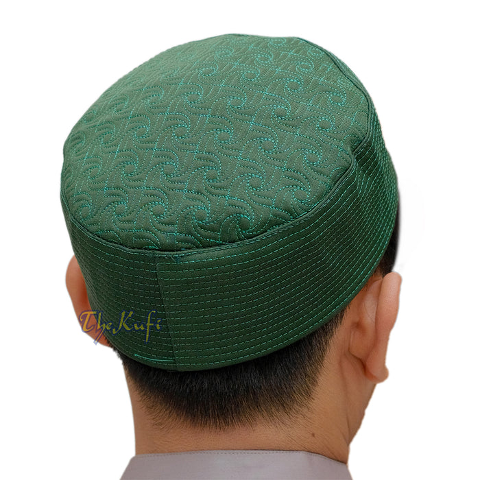 Green Pinwheel Motif Top - Malawi African Muslim Kufi Hat - Islamic Semi-Stiff Stitched Wall Prayer Cap