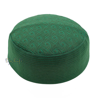 Green Pinwheel Motif Top - Malawi African Muslim Kufi Hat - Islamic Semi-Stiff Stitched Wall Prayer Cap