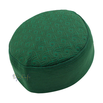 Green Pinwheel Motif Top - Malawi African Muslim Kufi Hat - Islamic Semi-Stiff Stitched Wall Prayer Cap