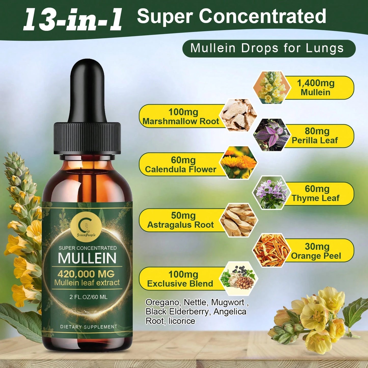 GREENPEOPLE Mullein Leaf Extract Natural Liquid Drops Healthy Lung Cleanse Respiratory 60ML