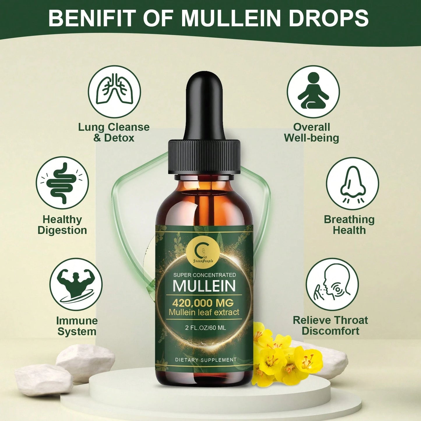 GREENPEOPLE Mullein Leaf Extract Natural Liquid Drops Healthy Lung Cleanse Respiratory 60ML