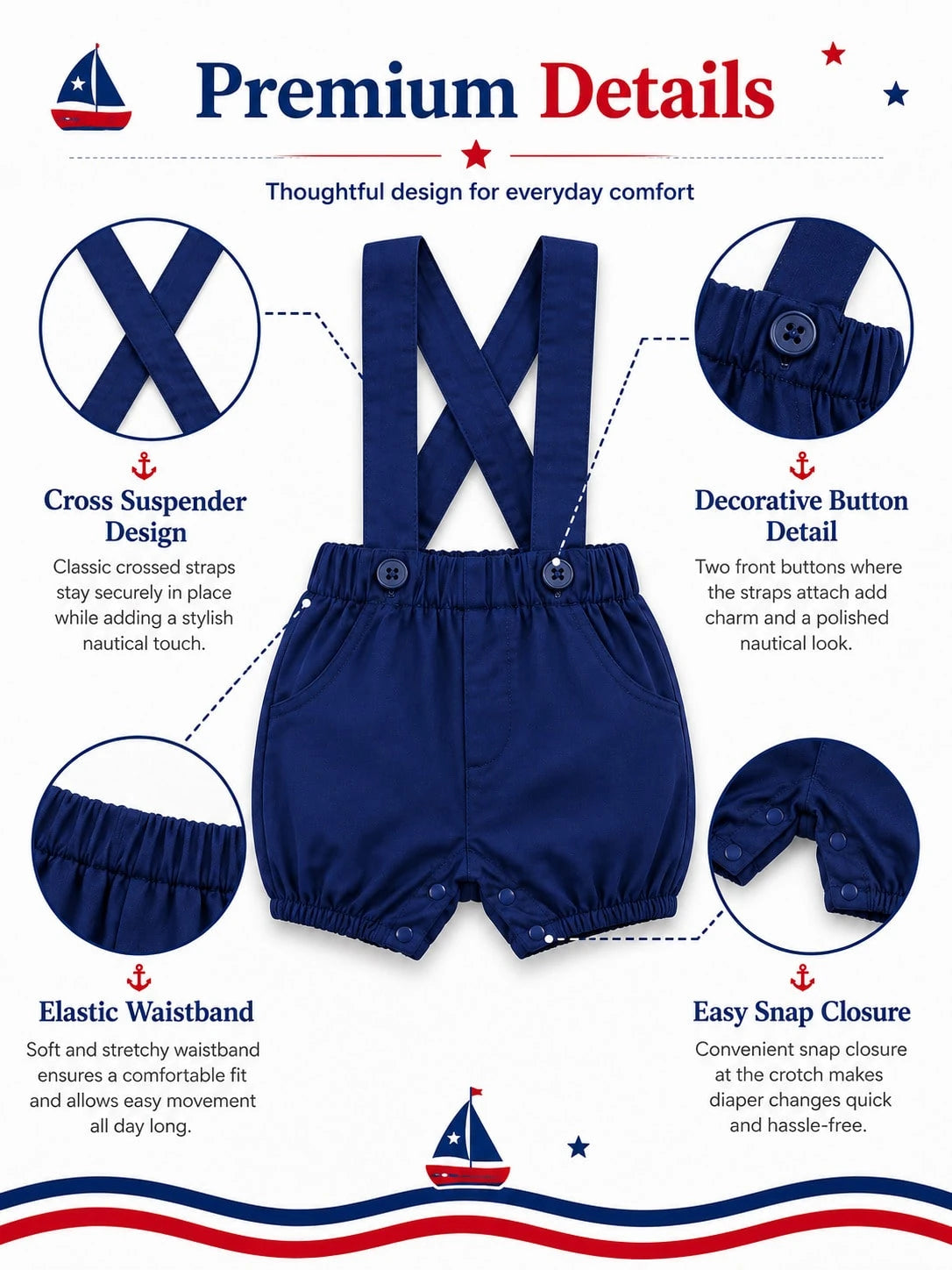 H HIBOBI 2pcs/Set Baby Boy Sailboat Printed Short Sleeve Romper And Dungaree Shorts Set For Spring/Summer