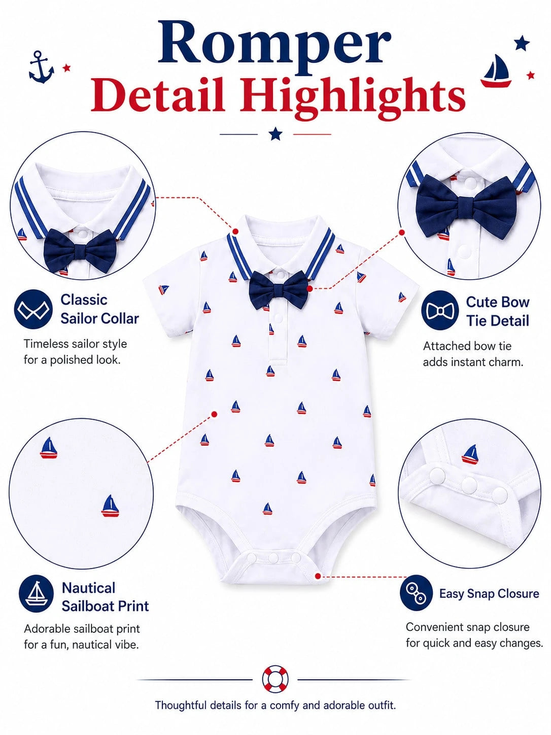 H HIBOBI 2pcs/Set Baby Boy Sailboat Printed Short Sleeve Romper And Dungaree Shorts Set For Spring/Summer