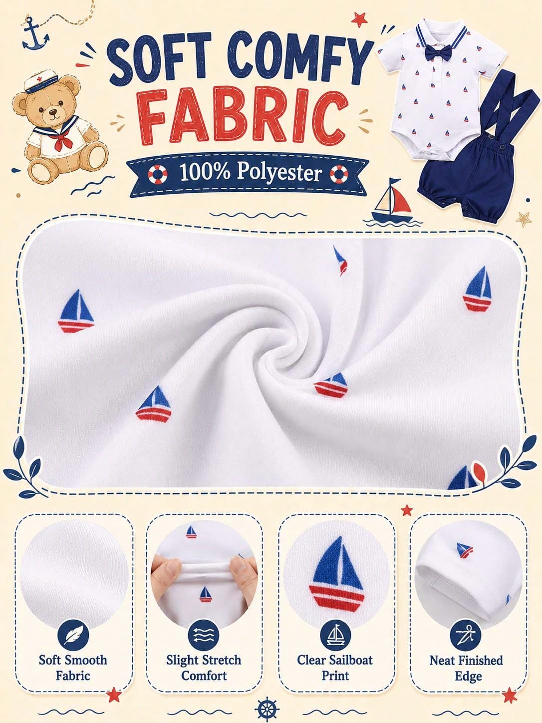 H HIBOBI 2pcs/Set Baby Boy Sailboat Printed Short Sleeve Romper And Dungaree Shorts Set For Spring/Summer
