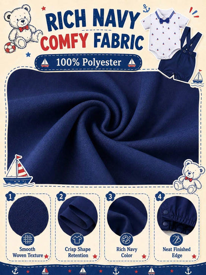 H HIBOBI 2pcs/Set Baby Boy Sailboat Printed Short Sleeve Romper And Dungaree Shorts Set For Spring/Summer