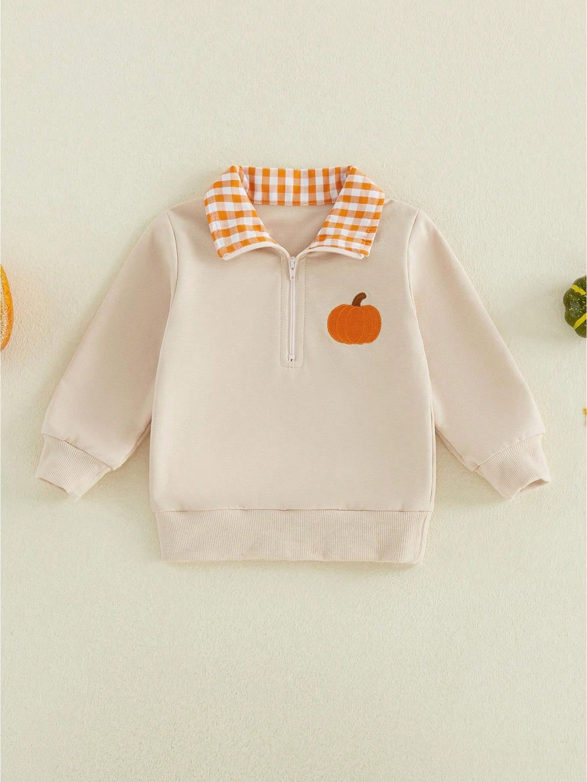 Halloween Toddler Sweatshirt Pumpkin Embroidery Plaid Zipper Lapel Long Sleeve For Fall Winter