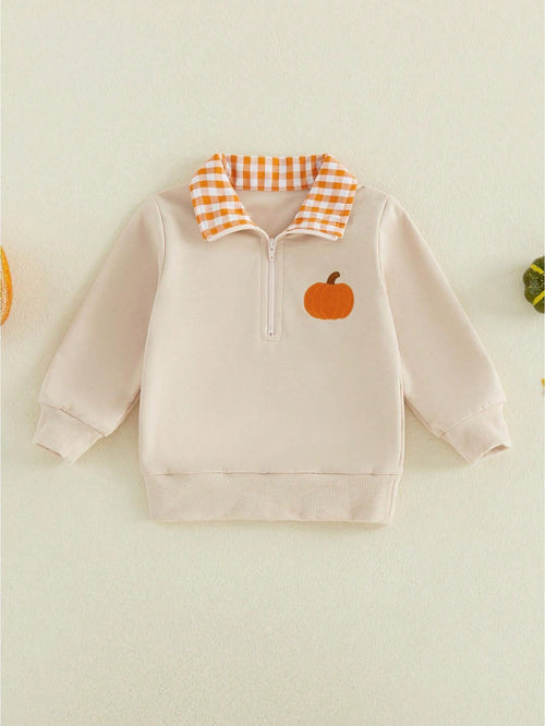 Halloween Toddler Sweatshirt Pumpkin Embroidery Plaid Zipper Lapel Long Sleeve For Fall Winter