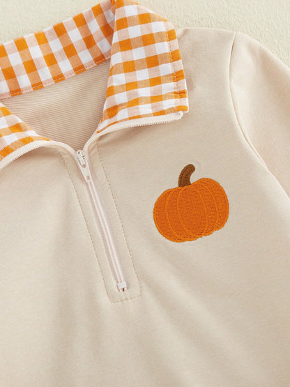 Halloween Toddler Sweatshirt Pumpkin Embroidery Plaid Zipper Lapel Long Sleeve For Fall Winter