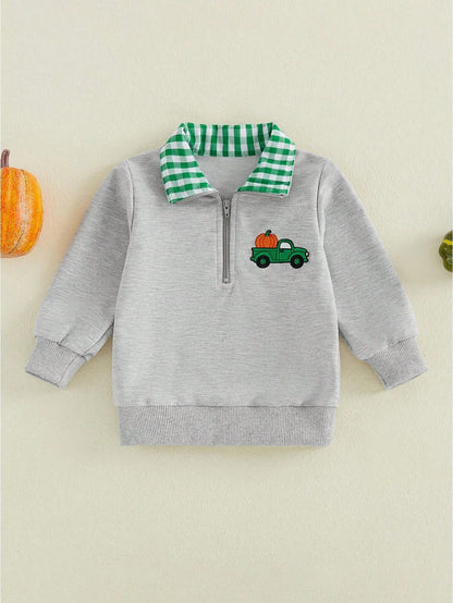 Halloween Toddler Sweatshirt Pumpkin Embroidery Plaid Zipper Lapel Long Sleeve For Fall Winter