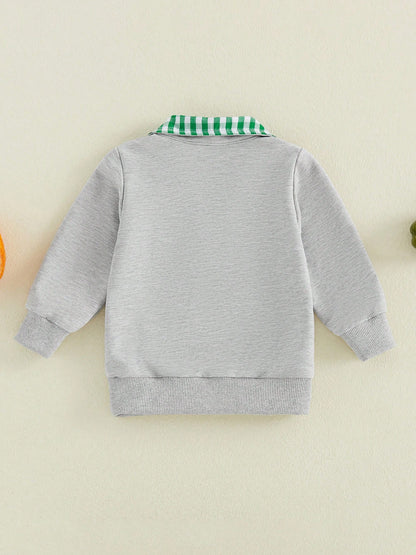 Halloween Toddler Sweatshirt Pumpkin Embroidery Plaid Zipper Lapel Long Sleeve For Fall Winter