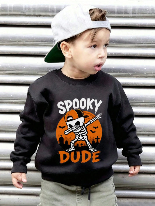 [Halloween]Young Boy Printed Long-Sleeve Crewneck Sweatshirt, Student Casual Wear, Perfect For Boy Getting Ready To Play