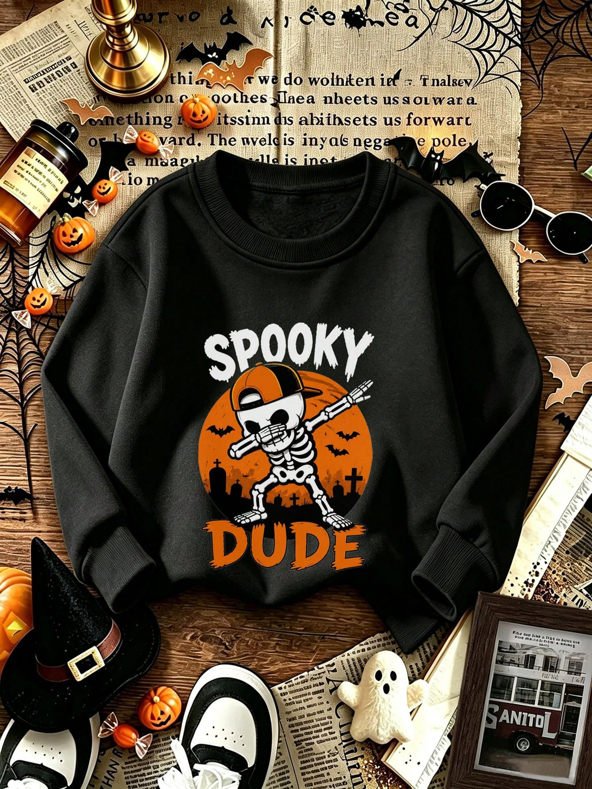[Halloween]Young Boy Printed Long-Sleeve Crewneck Sweatshirt, Student Casual Wear, Perfect For Boy Getting Ready To Play