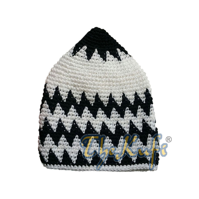 Hand-Crocheted Cotton Sturdy Black & White Zigzag Kufi Hat
