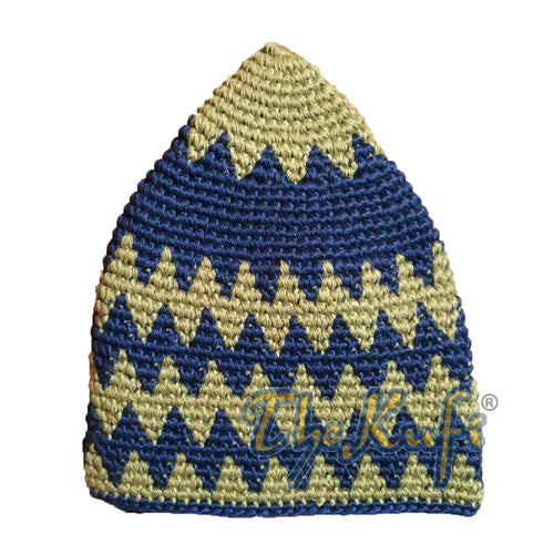 Hand-Crocheted Cotton Sturdy Greenish Khaki & Dark Blue Zigzag Kufi Hat