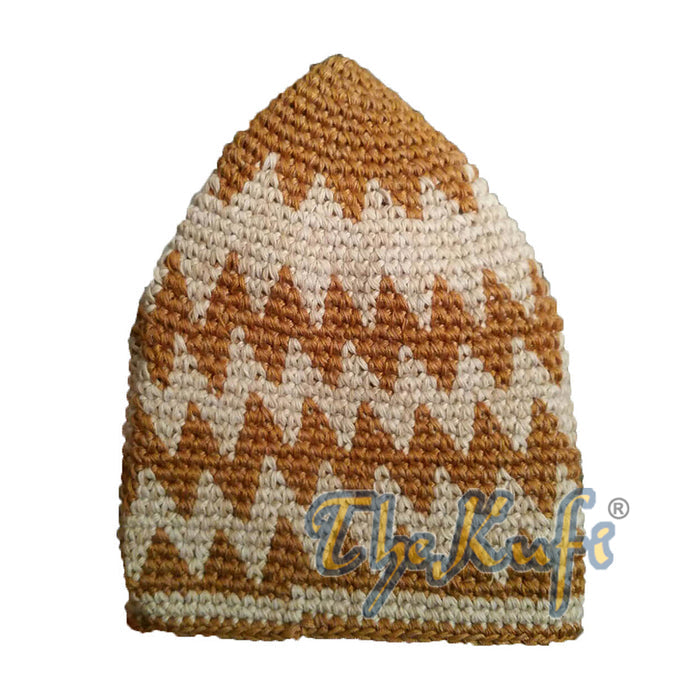Hand-Crocheted Cotton Sturdy Rust Brown & Khaki Zigzag Kufi Hat
