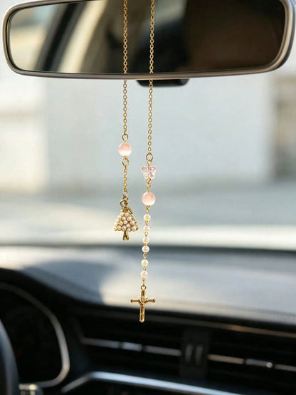 Handmade Gold Chain Car Rearview Mirror Hanging Ornament, Pink Cross Butterfly Faux Pearl Beaded Design, Lightweight Non-Obstructive Interior Car Decor Pendant, Fashionable Car Accessory