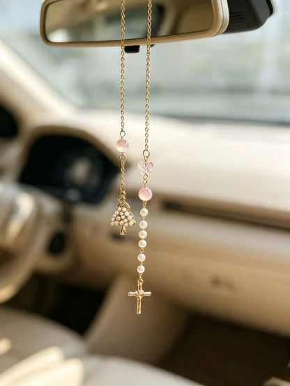 Handmade Gold Chain Car Rearview Mirror Hanging Ornament, Pink Cross Butterfly Faux Pearl Beaded Design, Lightweight Non-Obstructive Interior Car Decor Pendant, Fashionable Car Accessory