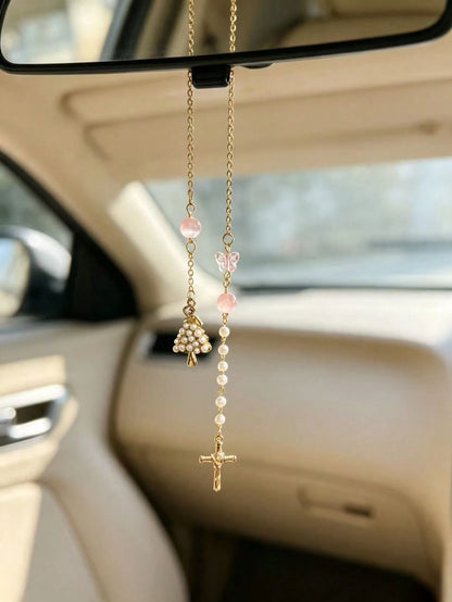 Handmade Gold Chain Car Rearview Mirror Hanging Ornament, Pink Cross Butterfly Faux Pearl Beaded Design, Lightweight Non-Obstructive Interior Car Decor Pendant, Fashionable Car Accessory