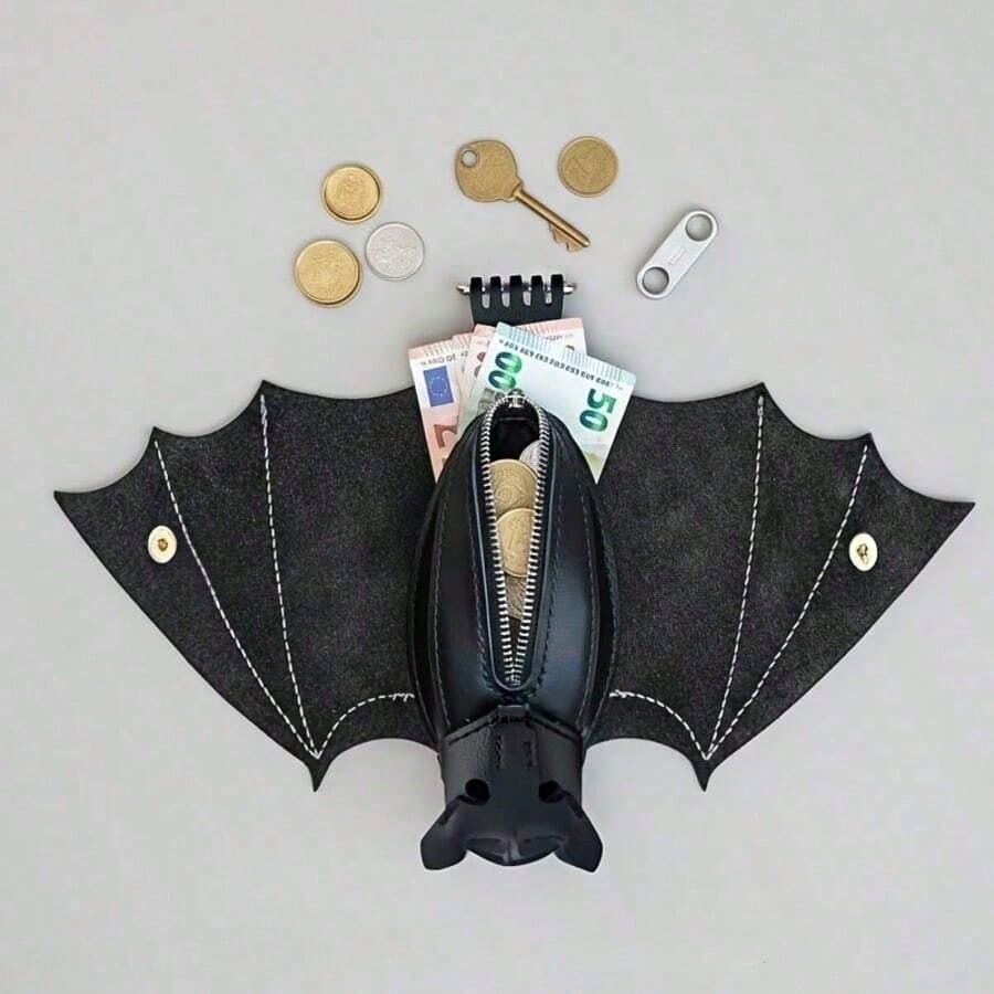 Handmade Gothic Style Bat Wing Coin Purse- Hand-Sewn Bat Wallet With Zipper Coin Pouch And Keychain Suitable Bags And Belts