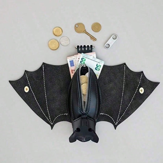 Handmade Gothic Style Bat Wing Coin Purse- Hand-Sewn Bat Wallet With Zipper Coin Pouch And Keychain Suitable Bags And Belts