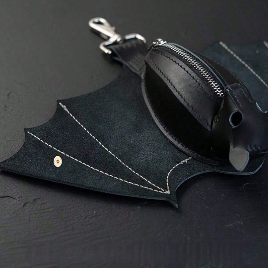 Handmade Gothic Style Bat Wing Coin Purse- Hand-Sewn Bat Wallet With Zipper Coin Pouch And Keychain Suitable Bags And Belts