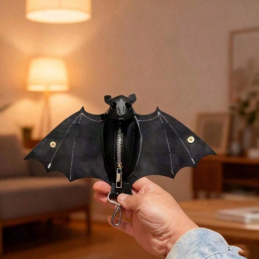 Handmade Gothic Style Bat Wing Coin Purse- Hand-Sewn Bat Wallet With Zipper Coin Pouch And Keychain Suitable Bags And Belts