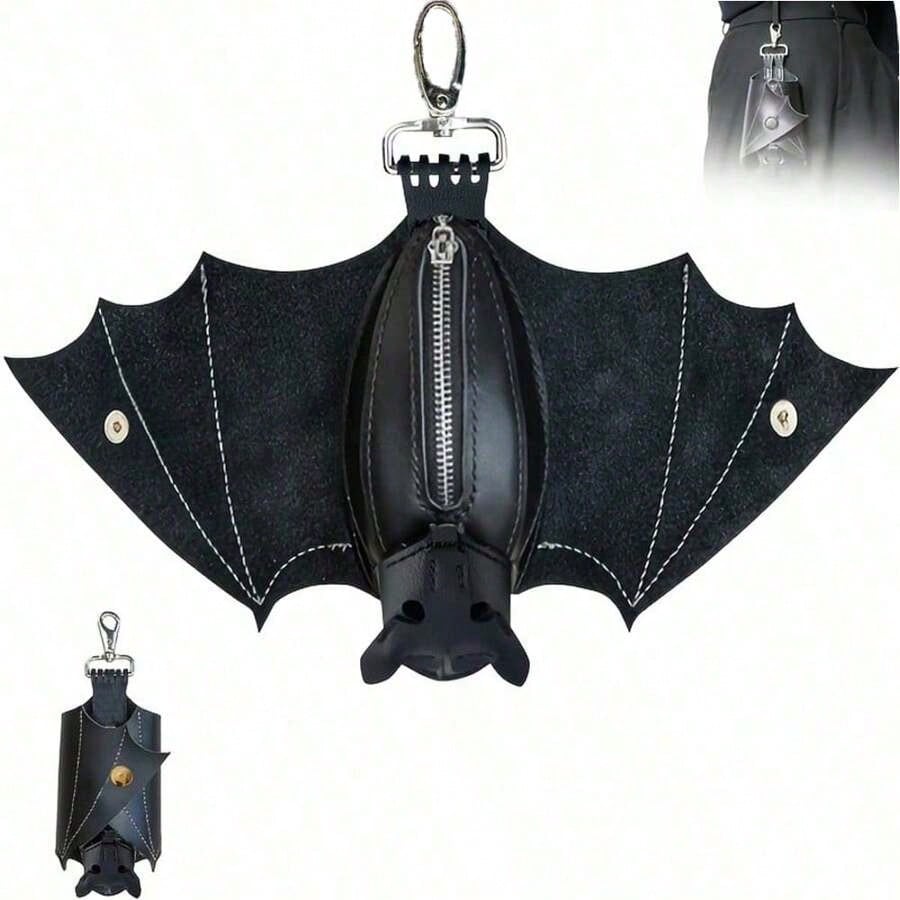 Handmade Gothic Style Bat Wing Coin Purse- Hand-Sewn Bat Wallet With Zipper Coin Pouch And Keychain Suitable Bags And Belts