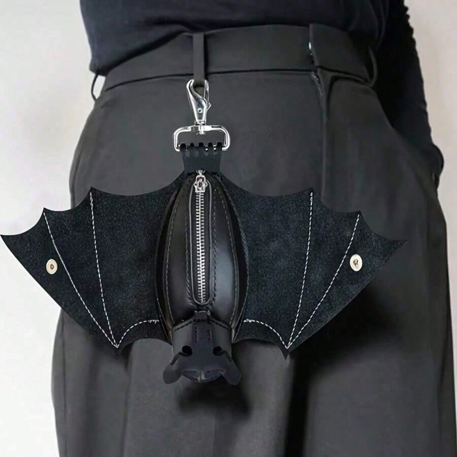 Handmade Gothic Style Bat Wing Coin Purse- Hand-Sewn Bat Wallet With Zipper Coin Pouch And Keychain Suitable Bags And Belts