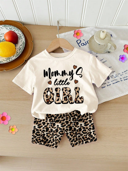 Happikins Mama's Little Girl Baby Girl's Vintage Leopard Print T-Shirt And Skinny Shorts Set,Cream White Brown Summer Casual Vacation Loose Shorts