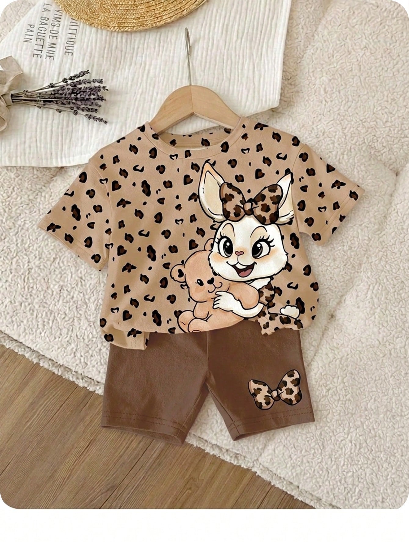 Happikins Mama's Little Girl Baby Girl's Vintage Leopard Print T-Shirt And Skinny Shorts Set,Cream White Brown Summer Casual Vacation Loose Shorts