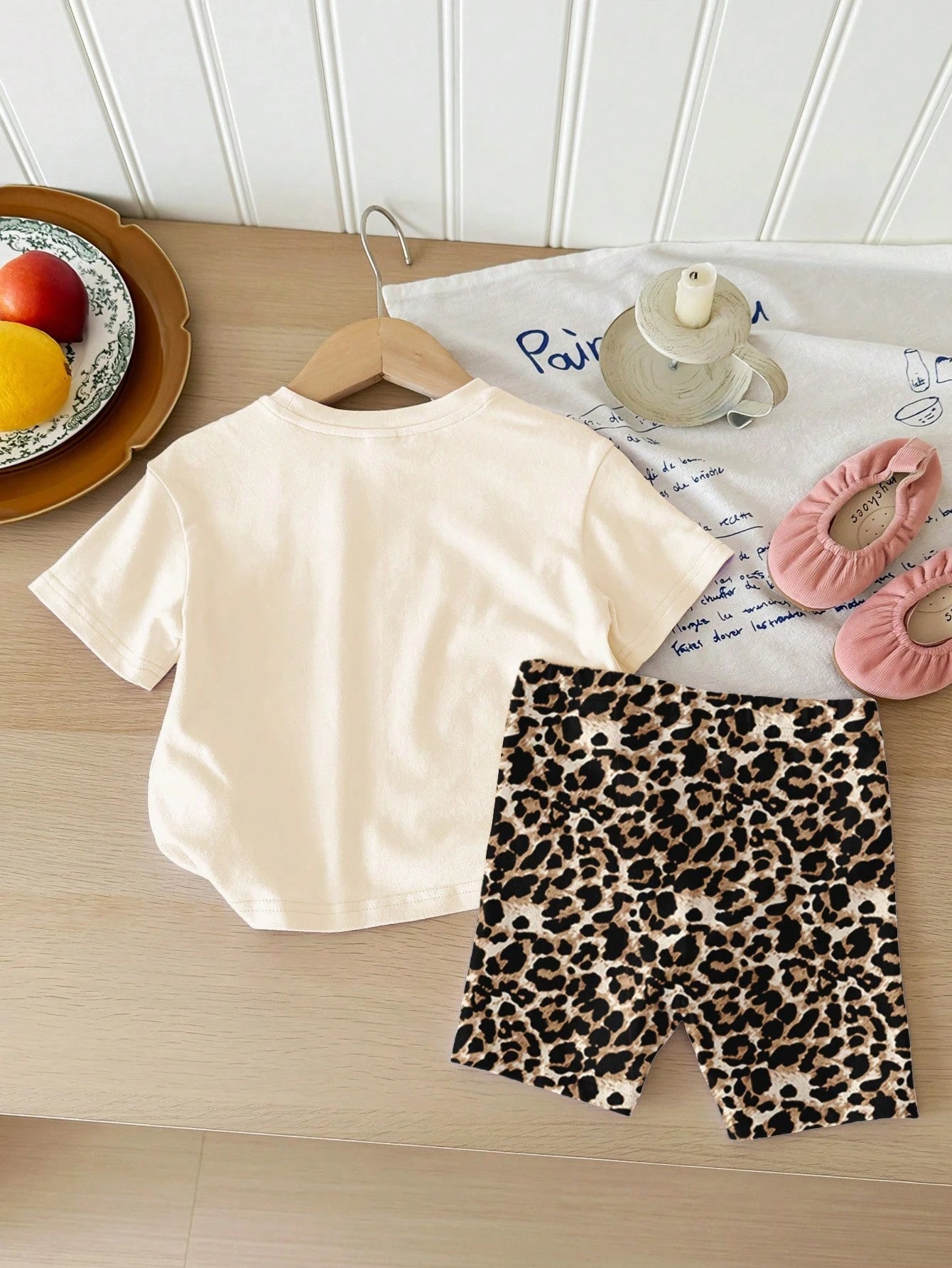 Happikins Mama's Little Girl Baby Girl's Vintage Leopard Print T-Shirt And Skinny Shorts Set,Cream White Brown Summer Casual Vacation Loose Shorts