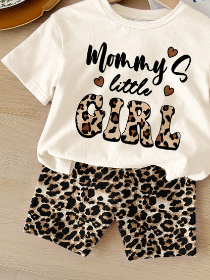 Happikins Mama's Little Girl Baby Girl's Vintage Leopard Print T-Shirt And Skinny Shorts Set,Cream White Brown Summer Casual Vacation Loose Shorts
