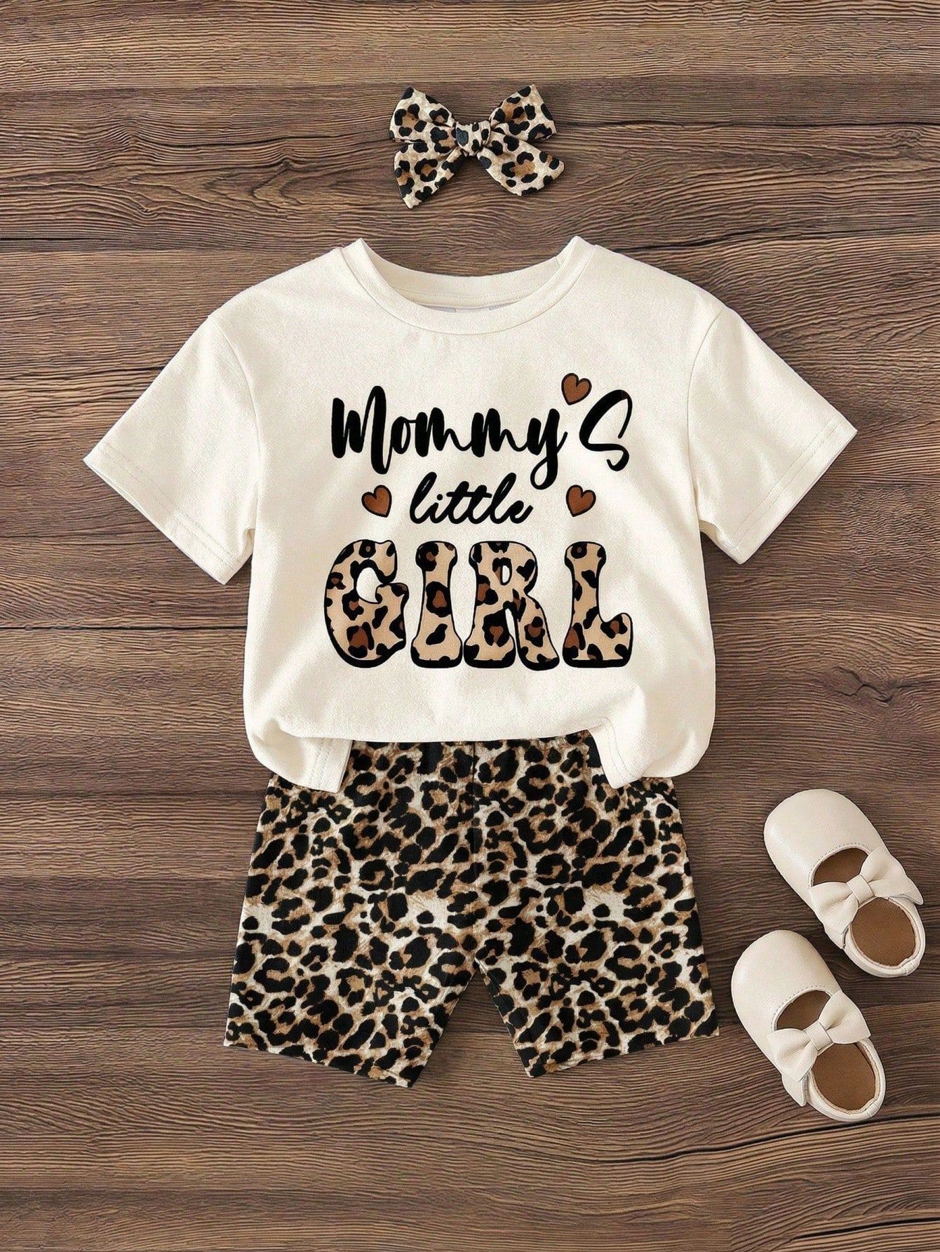 Happikins Mama's Little Girl Baby Girl's Vintage Leopard Print T-Shirt And Skinny Shorts Set,Cream White Brown Summer Casual Vacation Loose Shorts